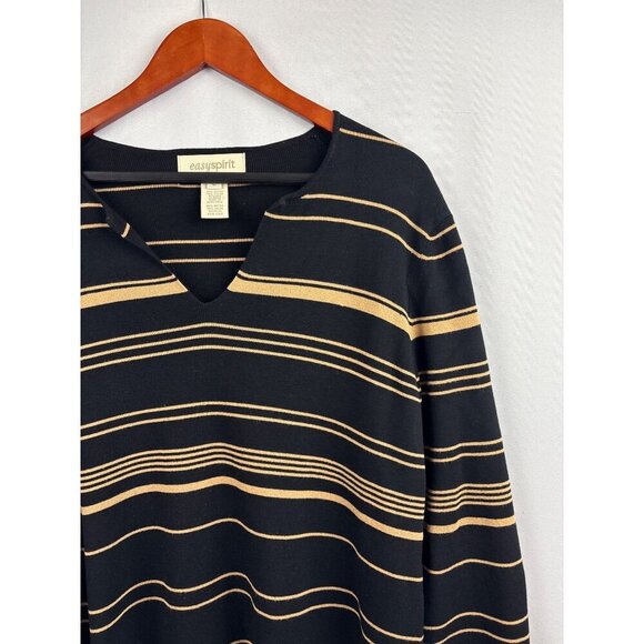Women’s Easy Spirit Size Large Black & Sand Striped Long Sleeve Blouse - Picture 2 of 4